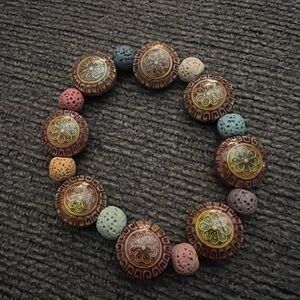 Boho Multicolor Lava Stone and Carved Wood Beaded Stretch Bracelet